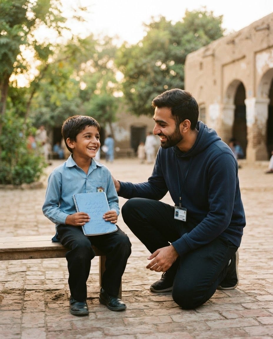 A NAMAL volunteer kneels beside a smiling schoolboy holding his notebook