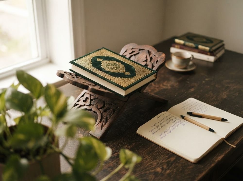 The Holy Qur’an resting on a wooden stand beside an open notebook